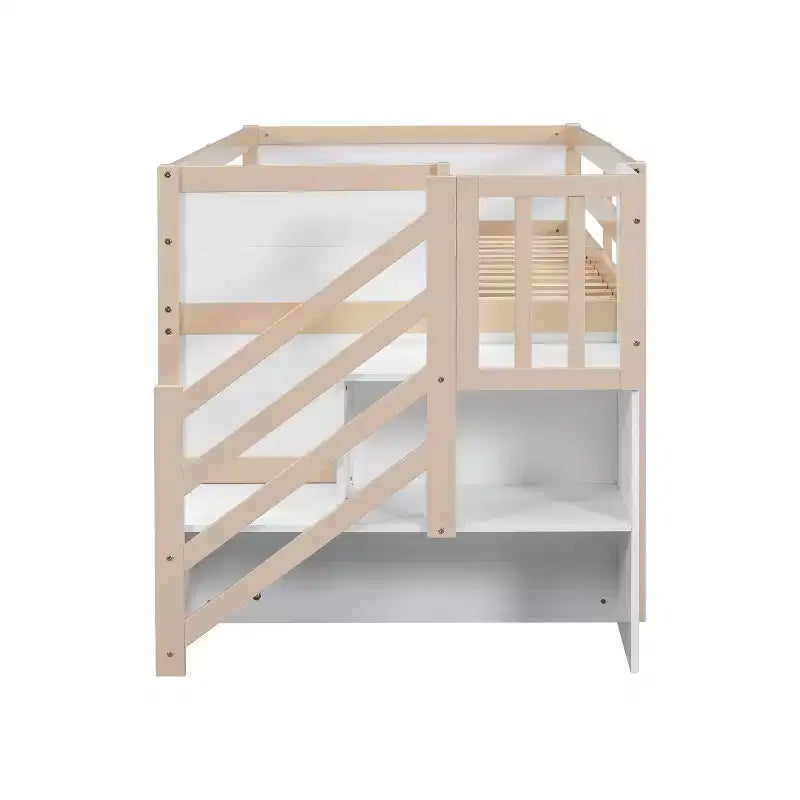 Okak hoogslaper van massief hout voor eenpersoonsbed met trap en opbergruimte, laag stapelbed met lades en planken, multifunctionele hoogslaper voor kinderen en tieners