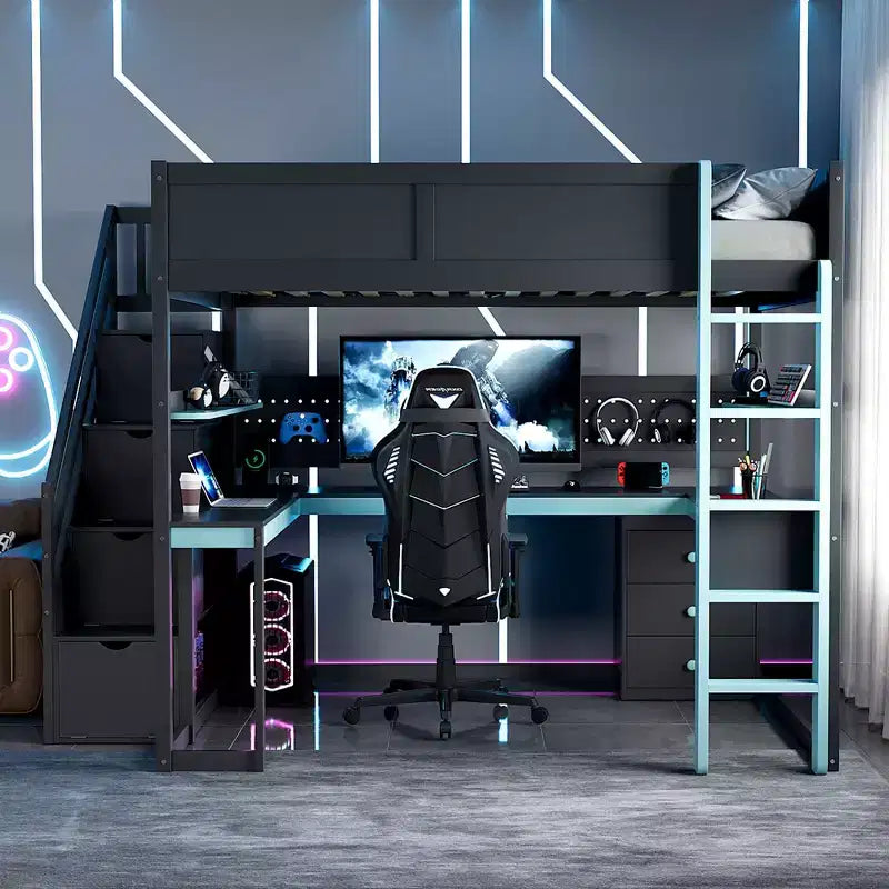 GDFStudio Scott houten gaminghoogslaper met opberktrap, bureau, planken en pegboard