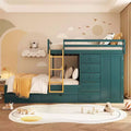 Stapelbed met twee tweepersoonsbedden, opbergkast en laden, houten stapelbed in tweepersoonsformaat met ruimtebesparend ontwerp en veiligheidsreling voor appartement en slaapkamer