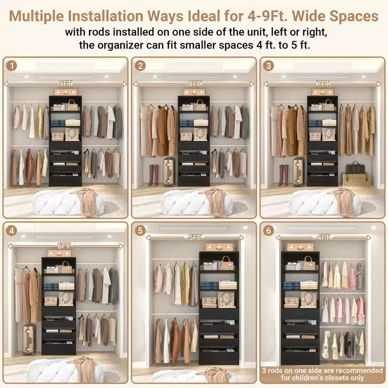 Système d'aménagement de dressing en bois Besiost de 4 à 9 pi avec 4 tiroirs, 4 tringles et des colonnes d'étagères