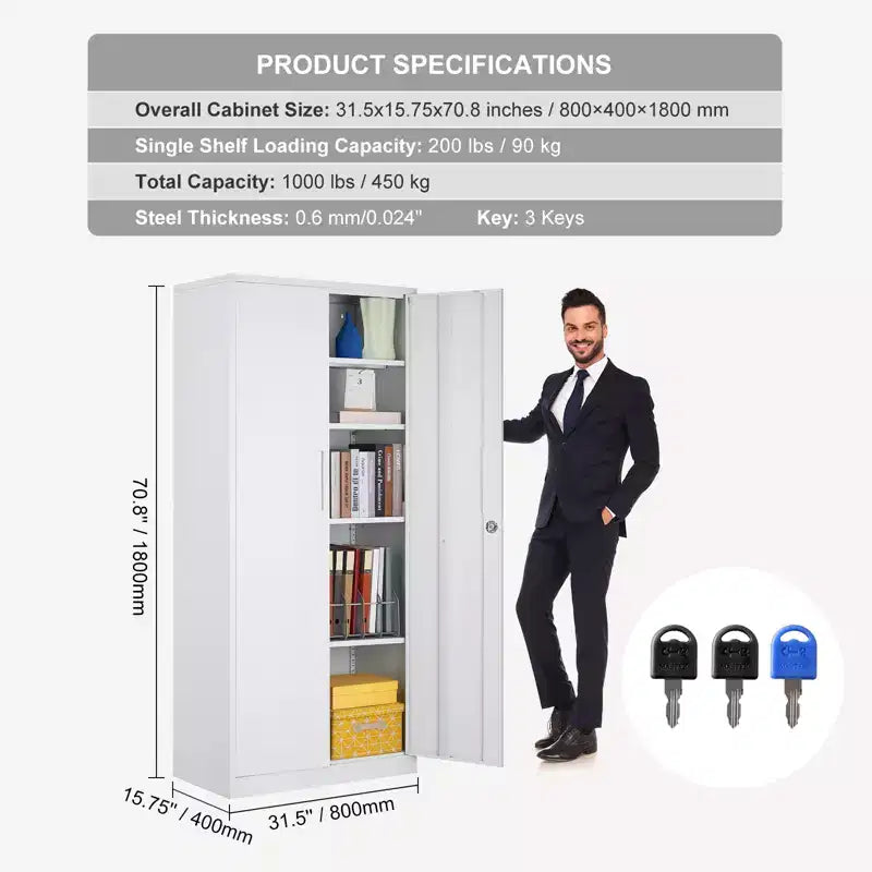 Armoire de rangement métallique VEVOR, armoire de rangement verrouillable en acier avec 2 portes magnétiques et 4 étagères réglables, armoire métallique de 71' d’une capacité de 200 lbs, blanche