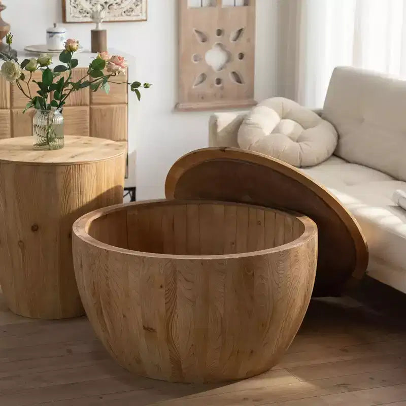 Table basse ronde rétro avec rangement, en bois, adaptée au salon, à la salle à manger ou au bureau.