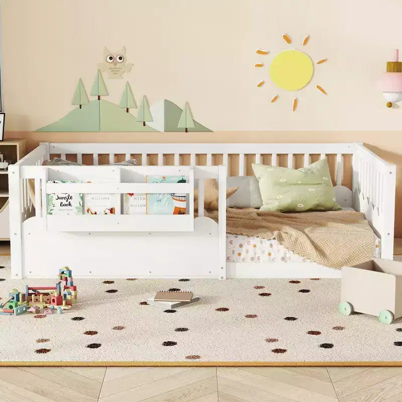 Lit au sol pour enfant Bellemave avec barrières surélevées et bibliothèque, cadre de lit Montessori en bois pour lit simple, pour filles et garçons