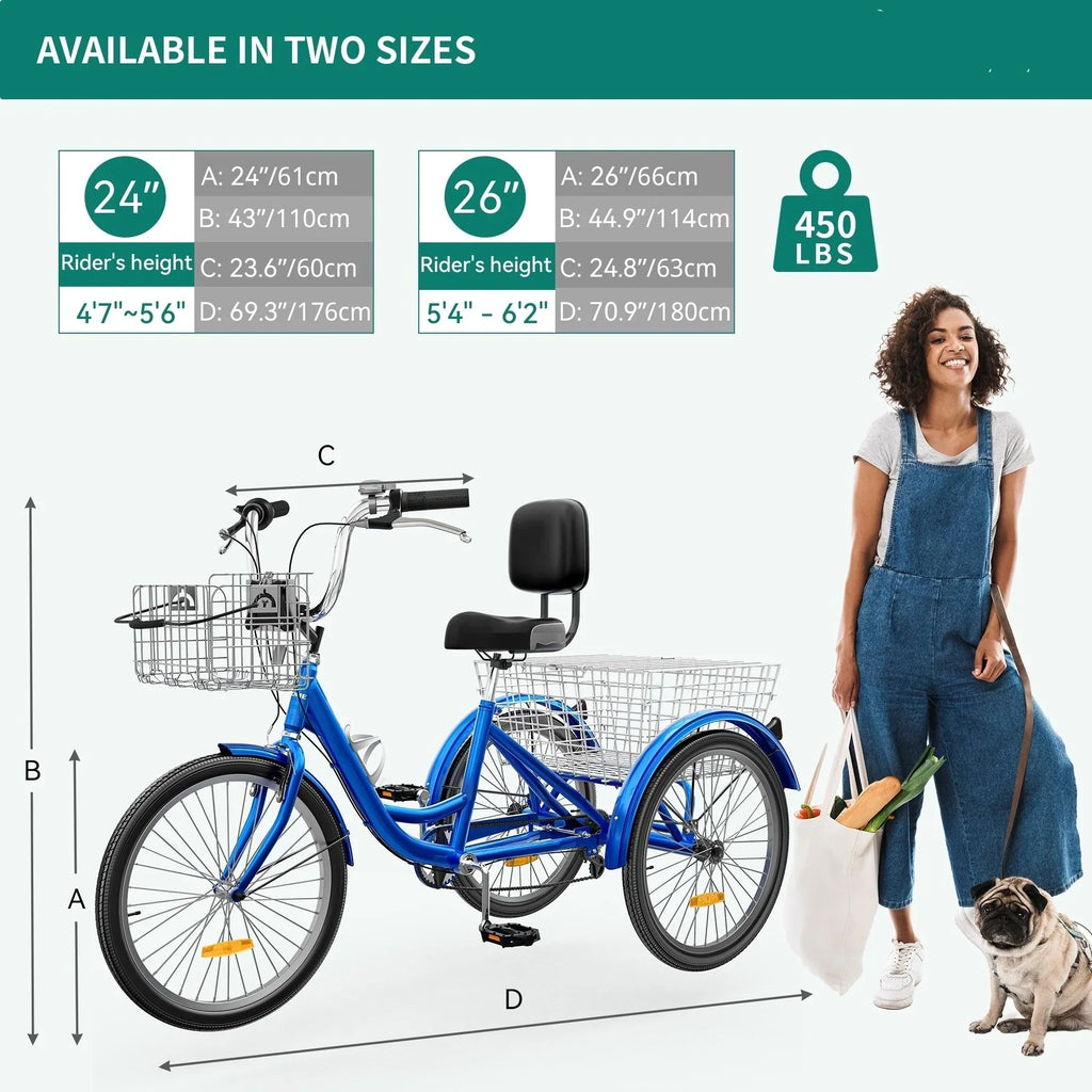 Tricycle pour adultes de 26 pouces, vélo à 3 roues, 7 vitesses