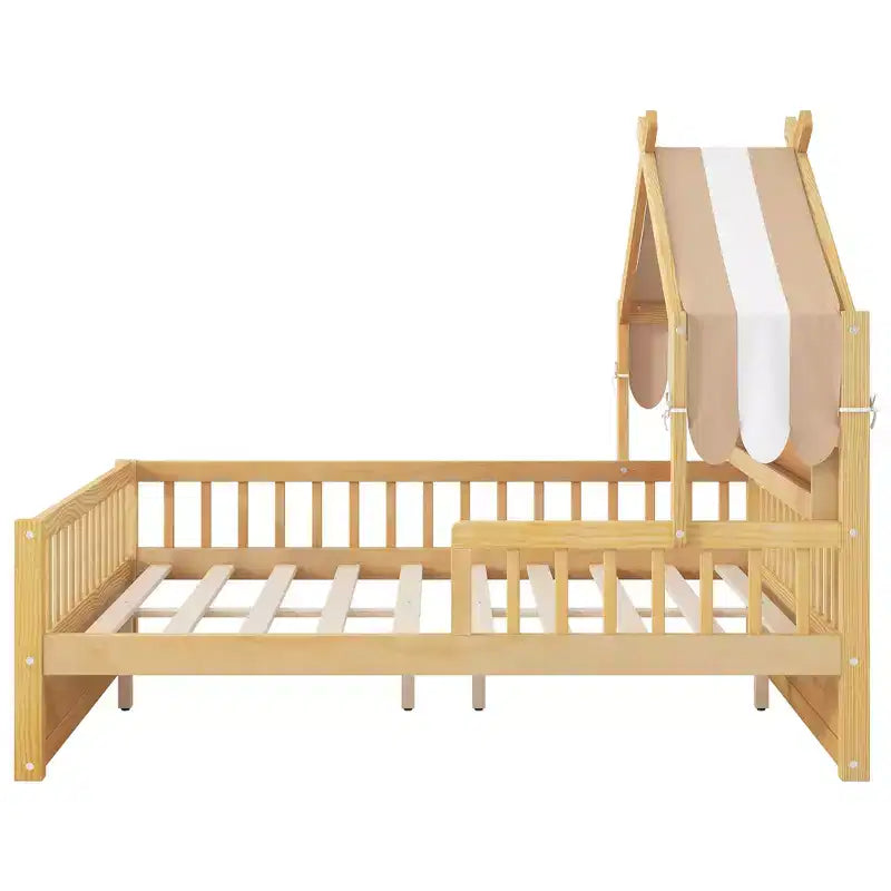 ModernLuxe Holzhüttenbett in Twin-/Full-Größe mit Stauraum-Kopfteil, Kinderbettgestell aus massivem Kiefernholz mit Schutzgittern