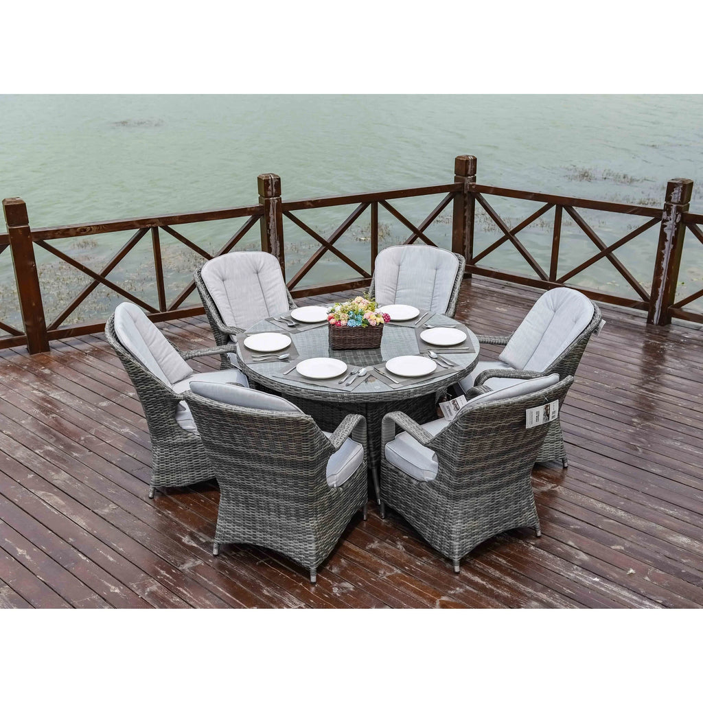Ensemble de salle à manger rond de patio en rotin tressé d’extérieur, 7 pièces avec coussins, par Moda Furnishings