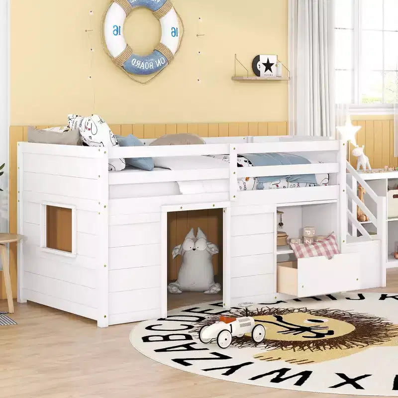 Łóżko typu low loft z litego drewna, rozmiar Twin, 94.6L x 42.3W, ze schodkami, szufladą i półką, nowoczesny i prosty design