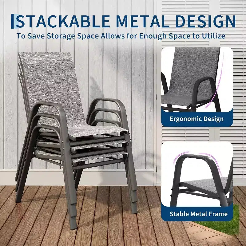 Terrassenstühle, stapelbares Outdoor-Esszimmerstuhlset mit 4/6 Stühlen aus wetterfestem, leichtem Textilene und Armlehnen für Garten und Poolbereich