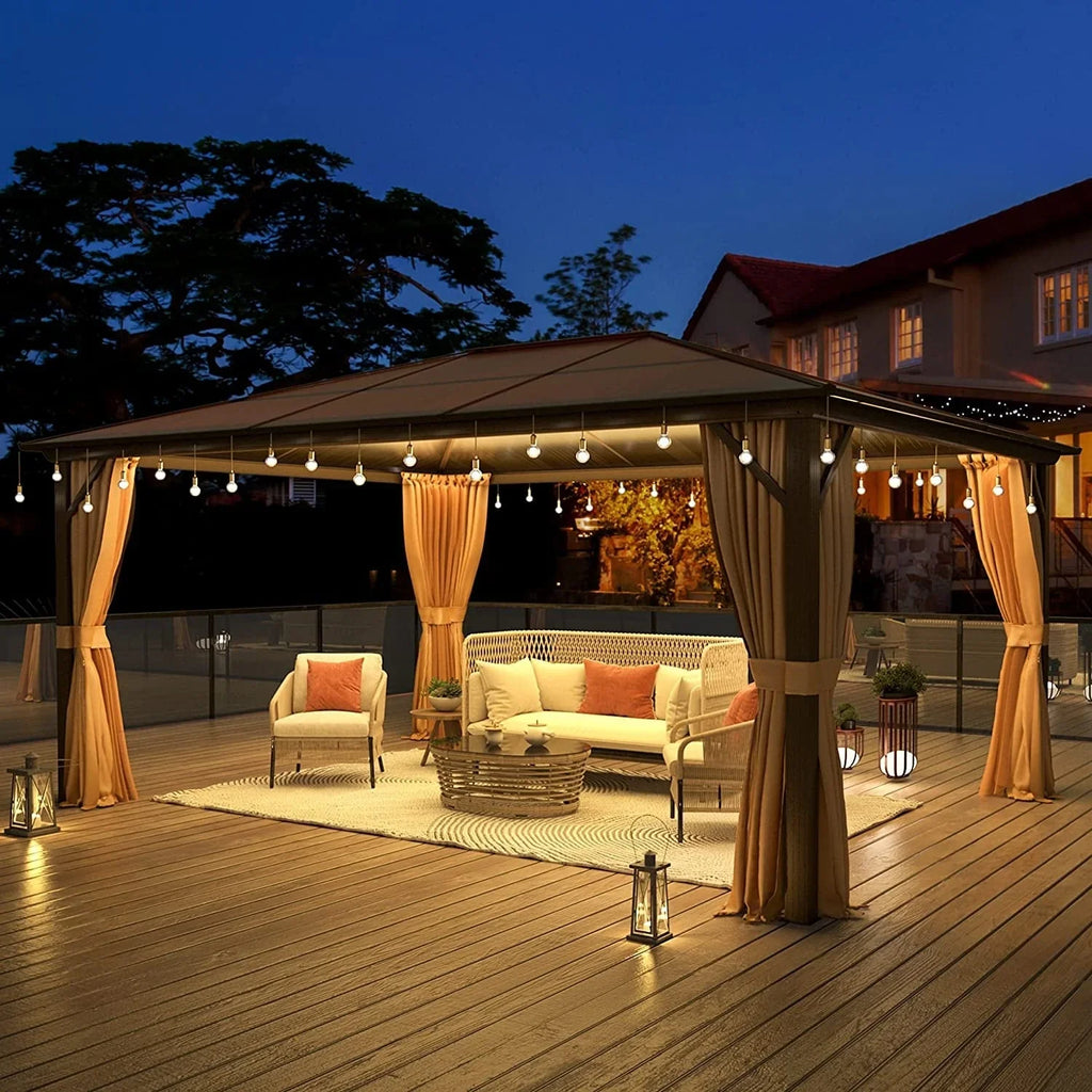EROMMY Pavillon mit festem Dach, Pergola für den Außenbereich mit Doppeldach, Moskitonetz und Vorhängen, strapazierfähiges Sonnendach für Terrasse, Garten und Poolpartys