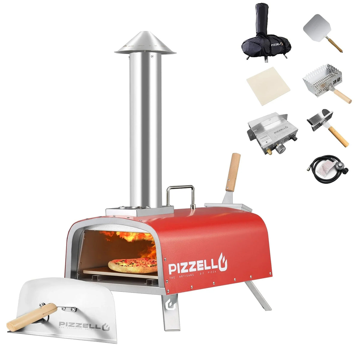 Wielopaliwowy piec do pizzy na zewnątrz z palnikiem gazowym i pojemnikiem na drewno - do pizzy o średnicy 12 cali