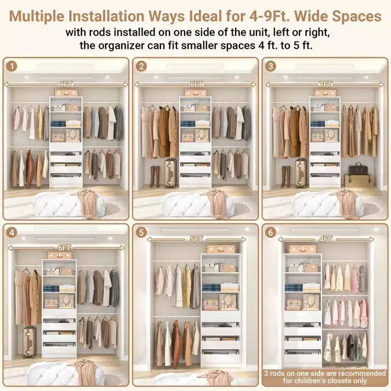 Système d'aménagement de dressing en bois Besiost de 4 à 9 pi avec 4 tiroirs, 4 tringles et des colonnes d'étagères