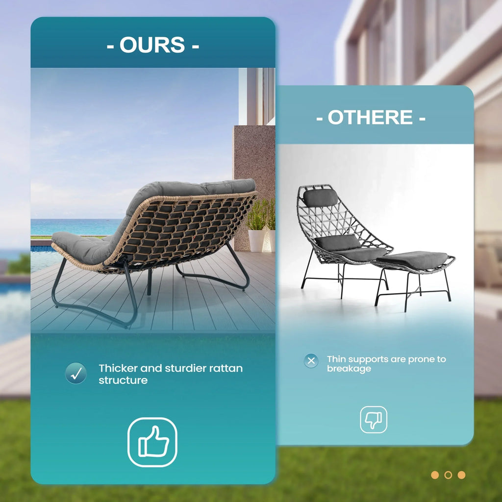 Doppel-Papasan-Sofa mit Sitzkissen, wetterfestes PE-Rattan und Metallgestell für Innen- und Außenbereich