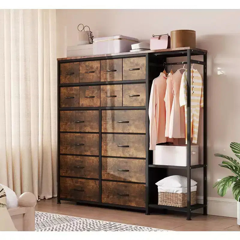 Kommode mit 16 Schubladen, Kleiderstange und Regalen, Stoff-Aufbewahrungsorganizer für Schlafzimmer, Kleiderschrank oder Eingangsbereich