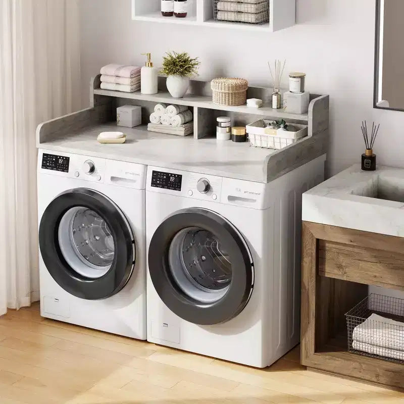 Plan de travail à 2 niveaux pour lave-linge et sèche-linge avec étagère ou tiroirs, couvre-linge avec tapis antidérapant, plateau de 54X27.5 pour plier le linge