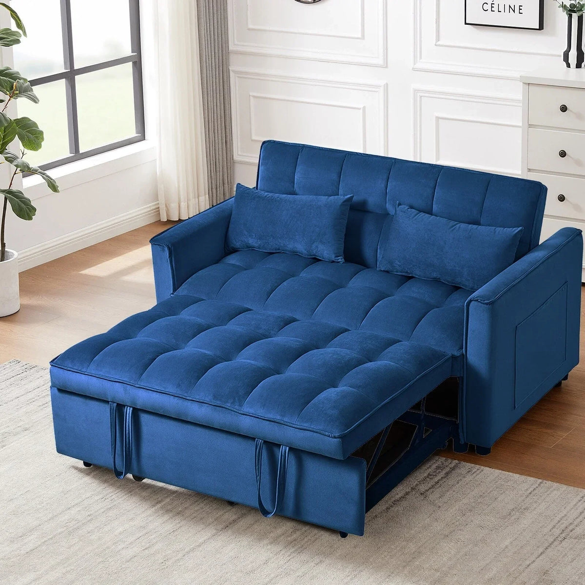 Nowoczesne rozkładane łóżko-sofa, sofa z funkcją spania 3 w 1 z regulowanym oparciem, dwuosobowa sofa z aksamitu, poduszkami i kieszeniami bocznymi
