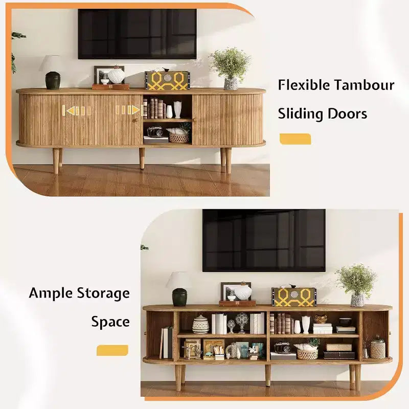 Meuble TV AMERLIFE 70 avec pieds en bois massif, console TV moderne du milieu du siècle avec porte tambour