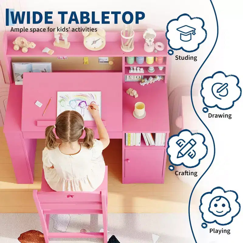 Ensemble bureau et chaise d’étude pour enfants avec rangement, bureau d’étude avec étagère supérieure inclinable, pour les enfants de 3 à 8 ans, table d’écriture pour chambre