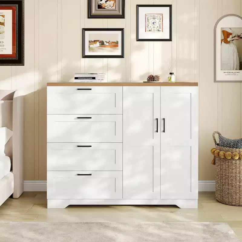 Holzkleiderschrank, 43.3 H hoch, mit 4 Schubladen und Kleiderstange, vielseitiger Kleiderschrank mit Kommode fürs Schlafzimmer