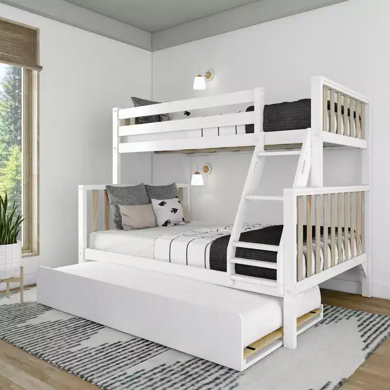 Max & Lily Etagenbett, oben Einzelbett und unten Doppelbett, mit Ausziehbett, aus Massivholz im skandinavischen Stil für Kinder