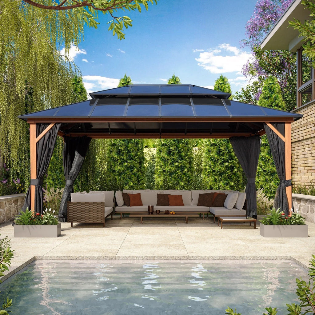 EROMMY Pavillon mit festem Dach, Pergola für den Außenbereich mit Doppeldach, Moskitonetz und Vorhängen, strapazierfähiges Sonnendach für Terrasse, Garten und Poolpartys