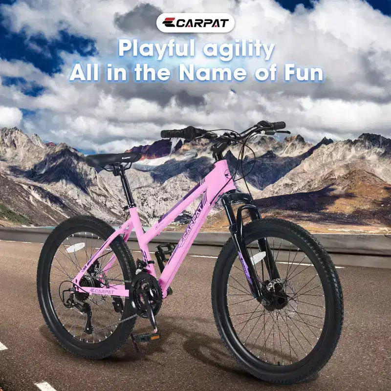 Vélo de montagne Okak 24/26IN avec 21 vitesses et freins à double disque, vélo pour enfants avec suspension avant de 100 mm, vélo tout-terrain pour adolescents et femmes