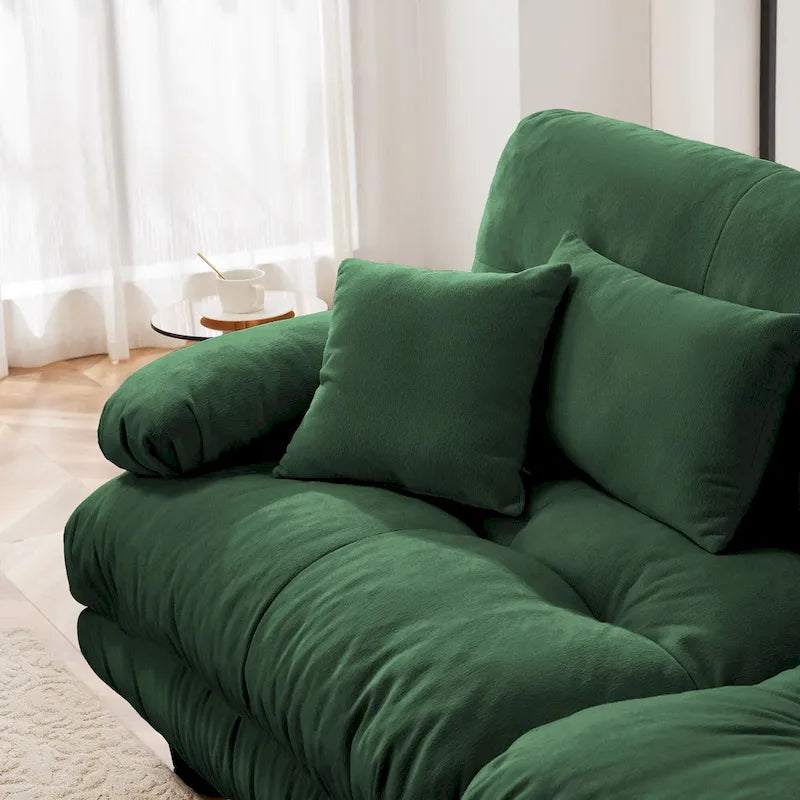 Narożna sofa dwuosobowa w kształcie litery L z tapicerką chenille i poduszkami lędźwiowymi