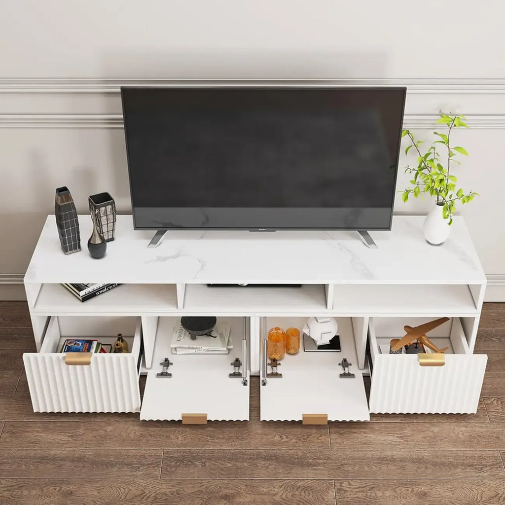 Moderne witte hoek-tv-meubel met 2 lades en open opbergruimte
