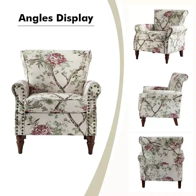 Araceli traditioneller gepolsterter Holzsessel mit Blumenmuster, Ohrenlehnen und Ziernägeln | ART OF LIVING DESIGNS
