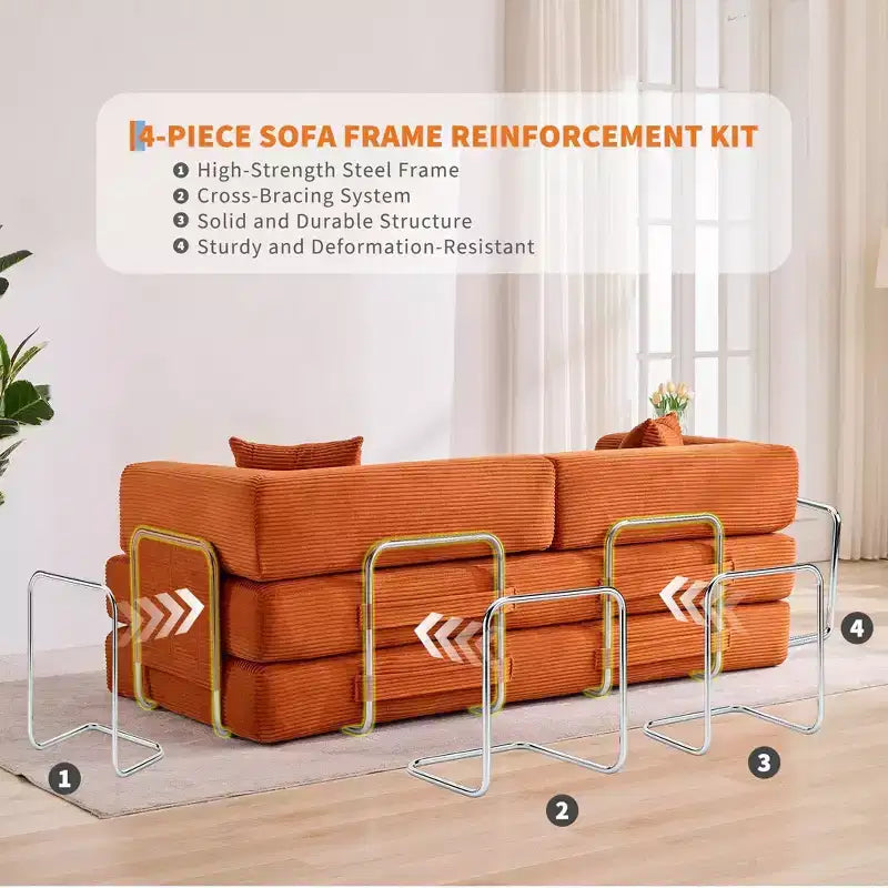 Canapé-lit, matelas pliant 5 en 1 de 78.8, canapé ou causeuse, cadre en acier à forme fixe, velours côtelé avec oreillers
