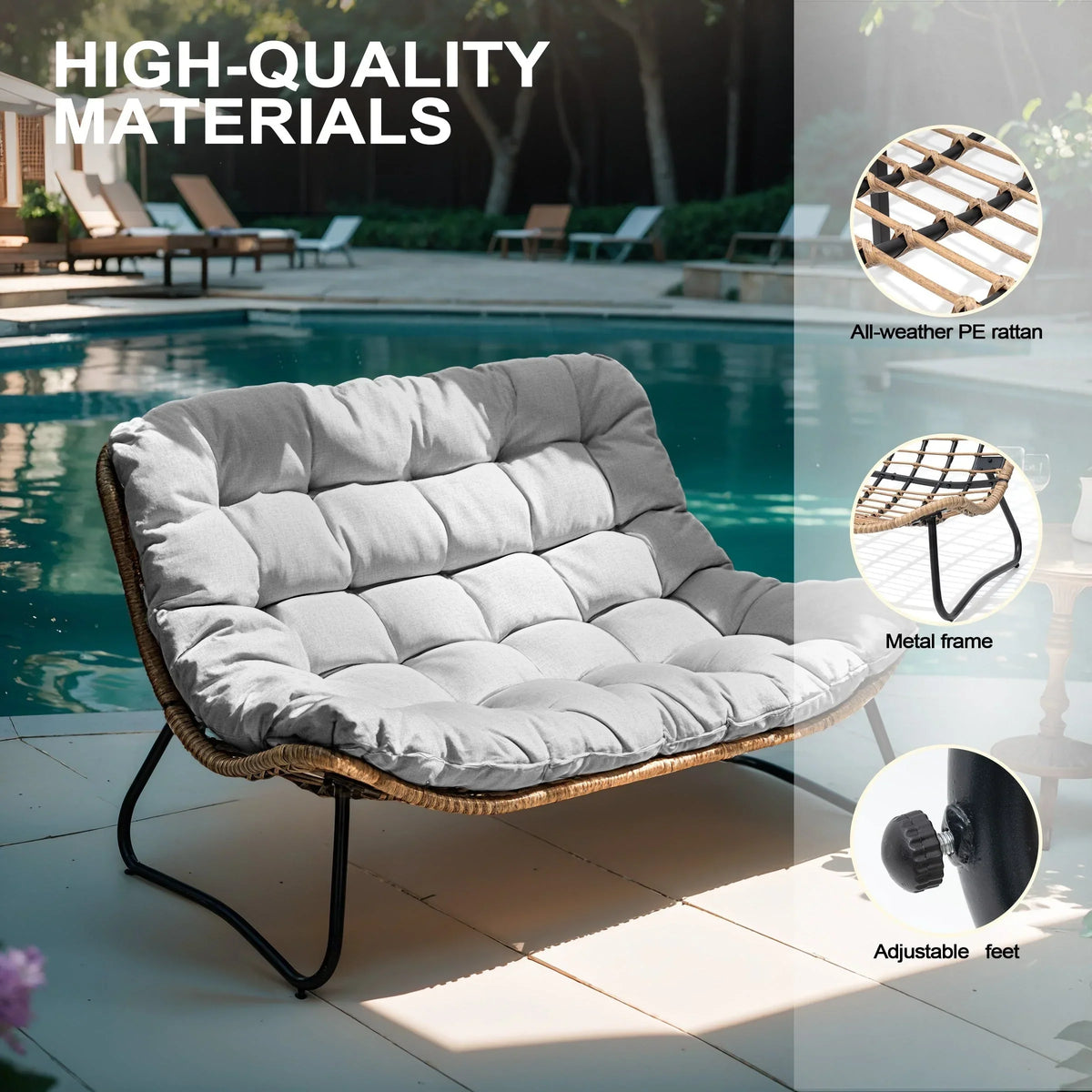 Doppel-Papasan-Sofa mit Sitzkissen, wetterfestes PE-Rattan und Metallgestell für Innen- und Außenbereich