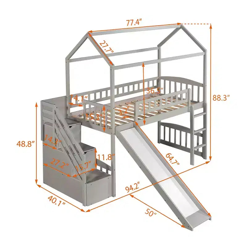 Hochbett in Hausform für Einzelbetten mit Rutsche und Treppe, Hochbett mit Schubladen, Holzhütten-Hochbett für Kinder und Kleinkinder