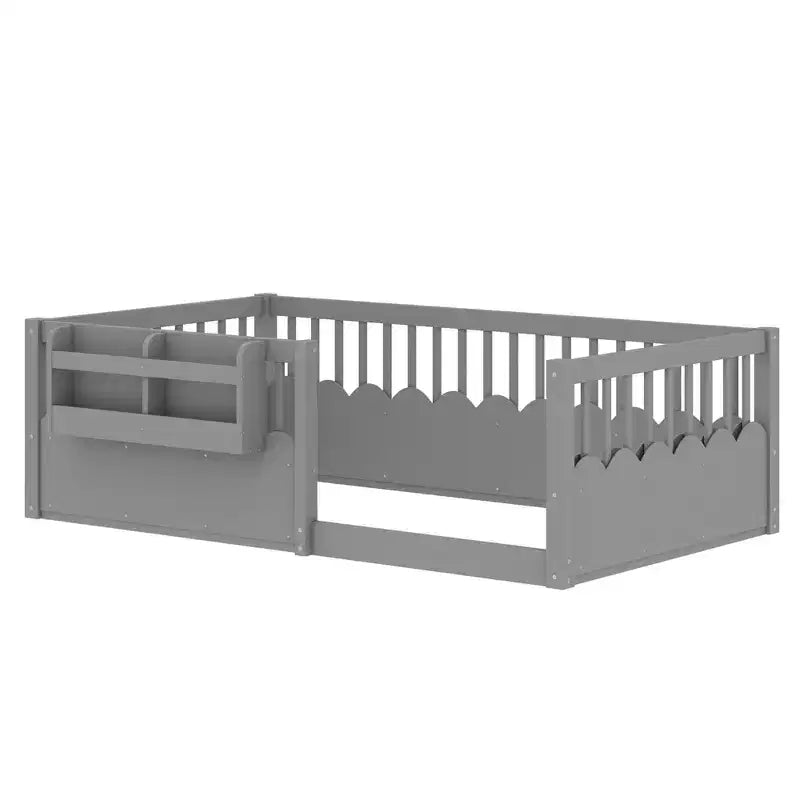 Lit au sol pour enfant Bellemave avec barrières surélevées et bibliothèque, cadre de lit Montessori en bois pour lit simple, pour filles et garçons