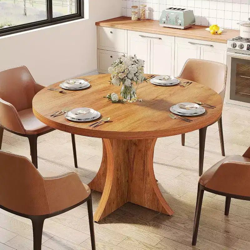 Lantine runder Esstisch mit 47.24 Zoll Durchmesser für 4-6 Personen, Küchentisch im Landhausstil mit Säulenfuß, kleiner Esstisch für Esszimmer und Wohnzimmer, braun