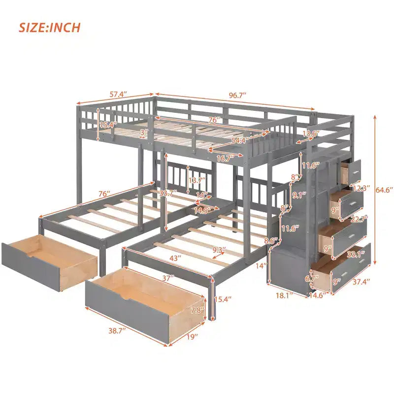 Whisen stapelbed met een twijfelaar boven een eenpersoonsbed en een extra eenpersoonsbed, houten driedubbel stapelbed met laden en valbeveiliging
