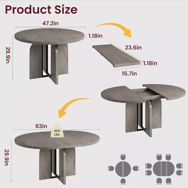Table de salle à manger ronde extensible de 47-63 po pour 4-8 personnes, table de cuisine extensible en bois de style campagnard avec structure métallique, forme ovale peu encombrante pour appartement, gris rétro