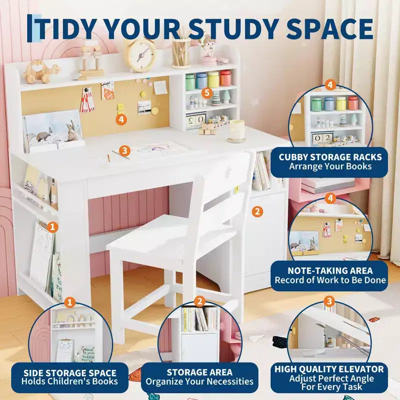 Ensemble bureau et chaise d’étude pour enfants avec rangement, bureau d’étude avec étagère supérieure inclinable, pour les enfants de 3 à 8 ans, table d’écriture pour chambre