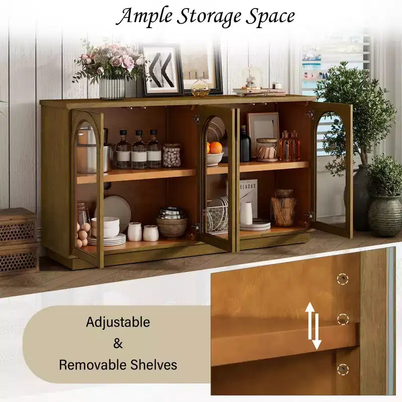 Grand buffet de rangement à 4 portes vitrées, armoire cintrée avec étagères réglables pour la cuisine