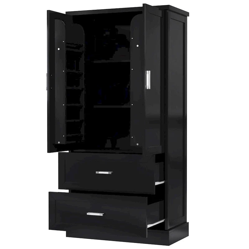 Armoire de rangement haute pour salle de bains avec deux portes et tiroirs, étagère réglable, panneau MDF