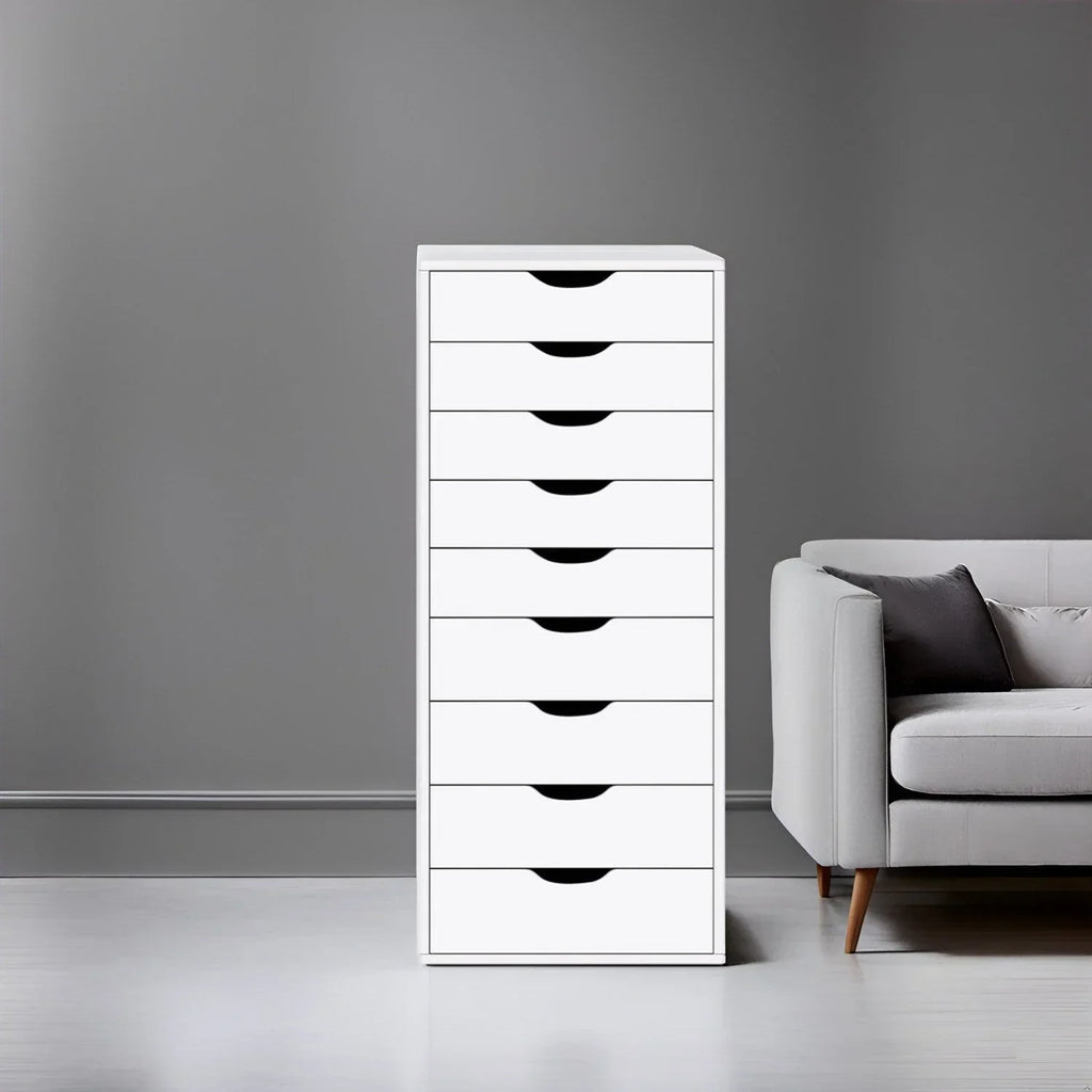 Smalle houten kast met 9 lades, soepel lopende lades en opbergplank bovenop