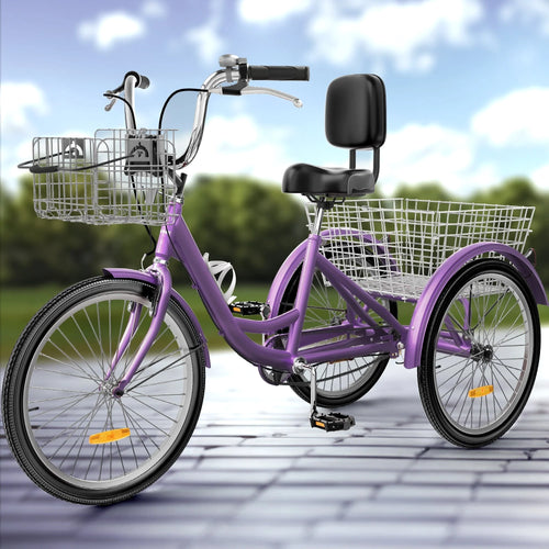 Vélo tricycle bleu pour adulte, 26, à 3 roues avec paniers amovibles