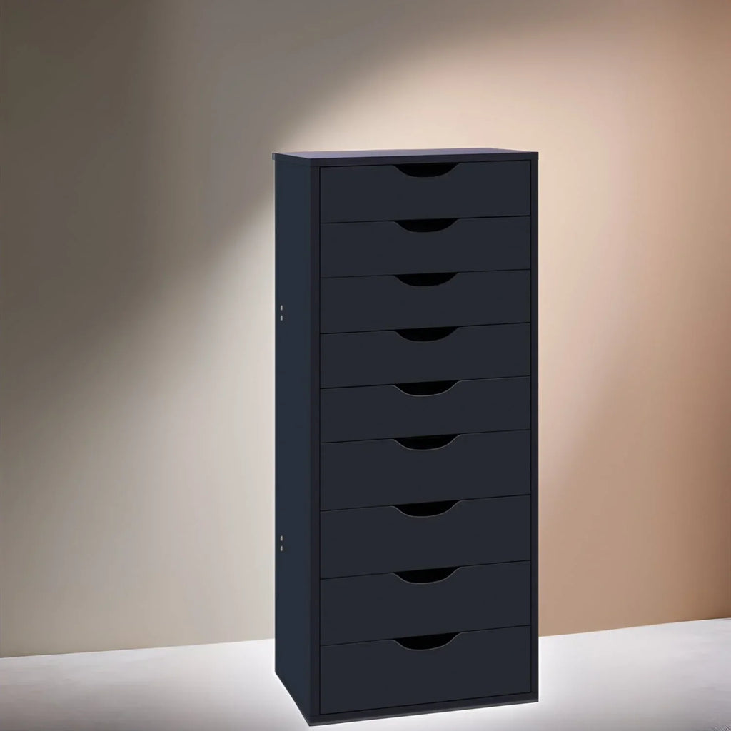 Smalle houten kast met 9 lades, soepel lopende lades en opbergplank bovenop
