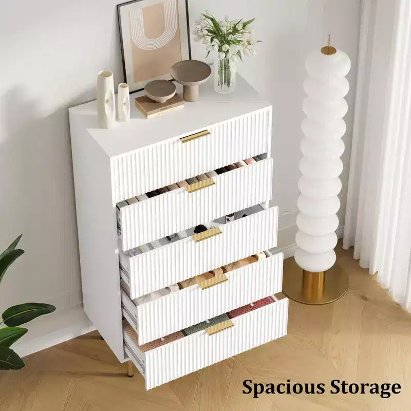 Commode blanche / marbre et bois à 5 tiroirs ?C panneau cannelé, pour 1 personne