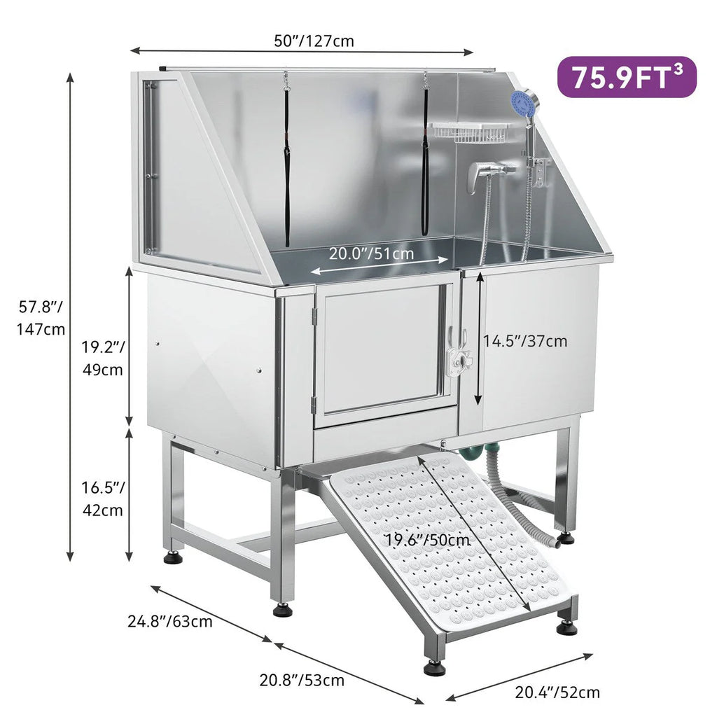 Baignoire de toilettage réglable en acier inoxydable de 50' W avec marches et rampe pour animaux