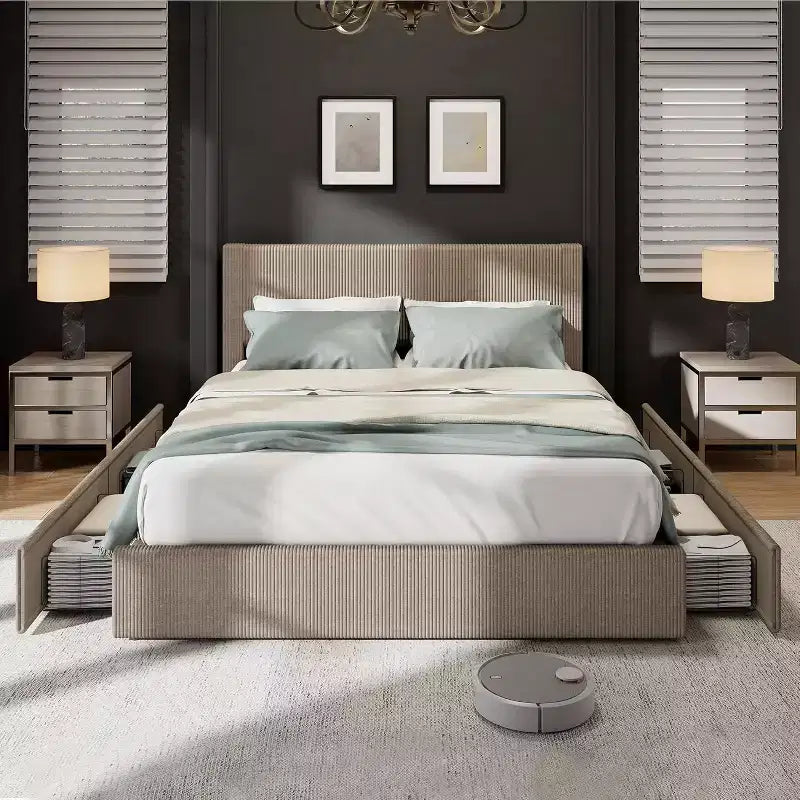 CuisinSmart-Bettrahmen aus Cord mit Kopfteil, gepolsterter Plattformbett-Rahmen mit 4 Schubladen und Lattenrost aus Holz