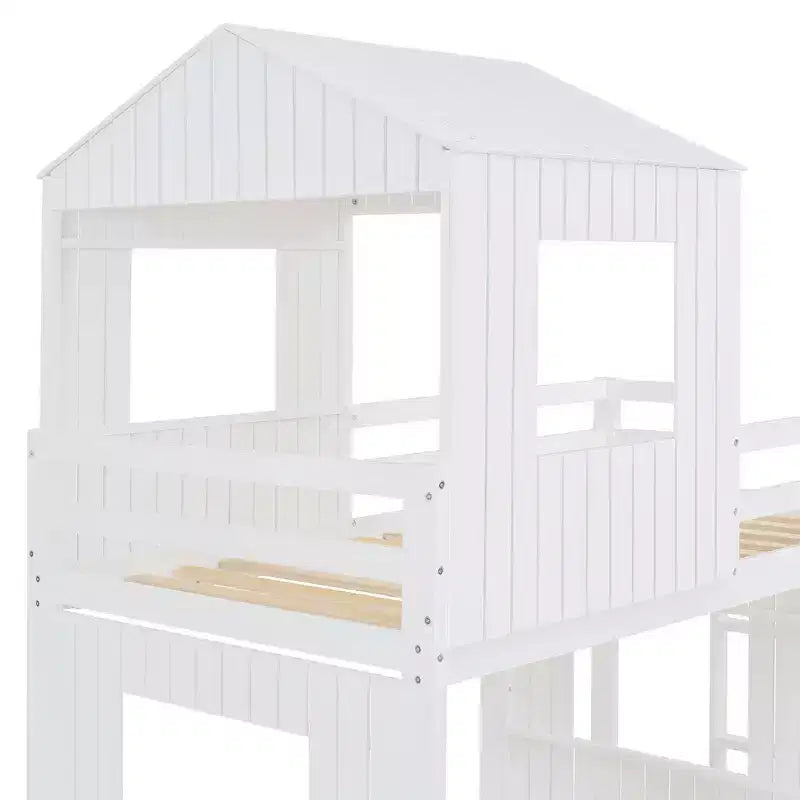Luxystar houten stapelbed voor een eenpersoonsbed boven een tweepersoonsbed, met speelhuisje, glijbaan en veiligheidsleuningen