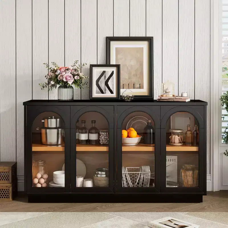 Grand buffet de rangement à 4 portes vitrées, armoire cintrée avec étagères réglables pour la cuisine