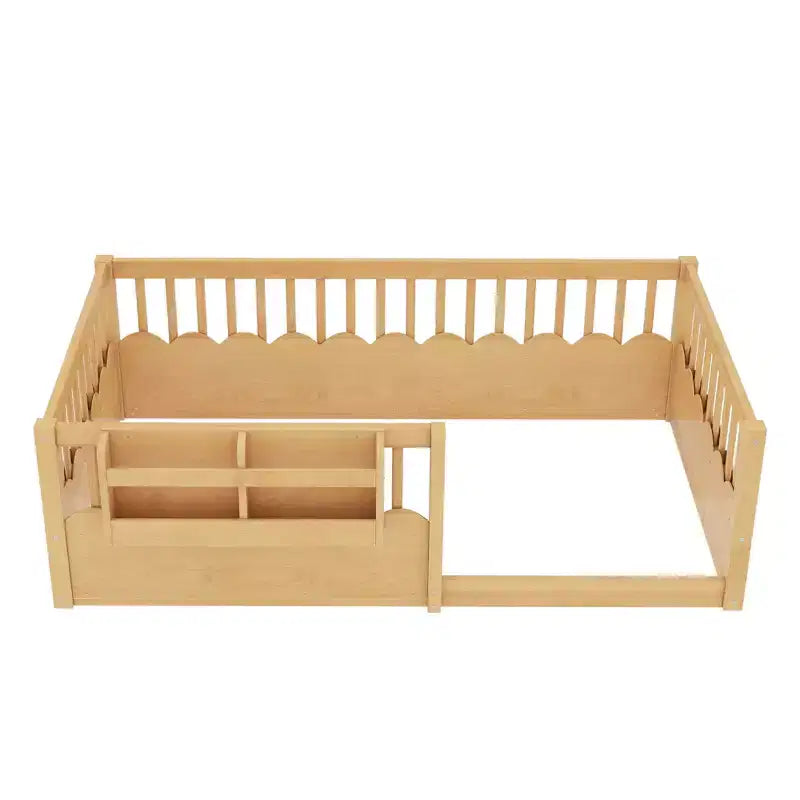Lit au sol pour enfant Bellemave avec barrières surélevées et bibliothèque, cadre de lit Montessori en bois pour lit simple, pour filles et garçons