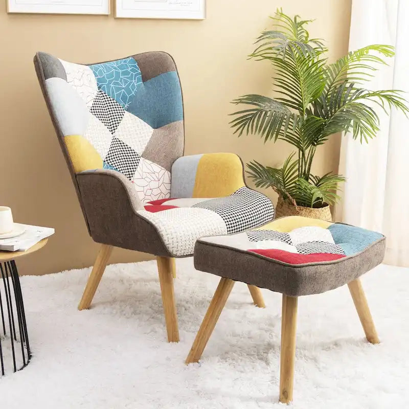 Fauteuil d’appoint avec repose-pieds, ensemble fauteuil et repose-pieds pour le salon, fauteuil d’appoint confortable pour la chambre, revêtement en tissu à assemblage créatif