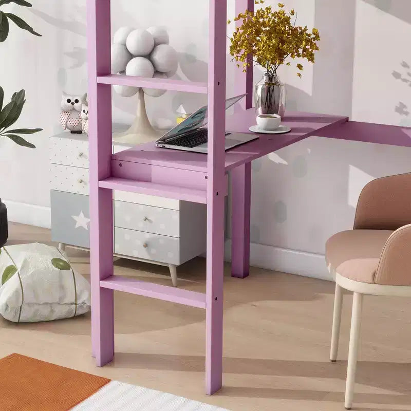Okak minimalistisches Hochbett mit Leiter, Hochbett für Einzelbettmatratze aus Gummibaumholz mit Sicherheitsgeländer und eingebautem Schreibtisch, Bettgestell für Kinder und Jugendliche