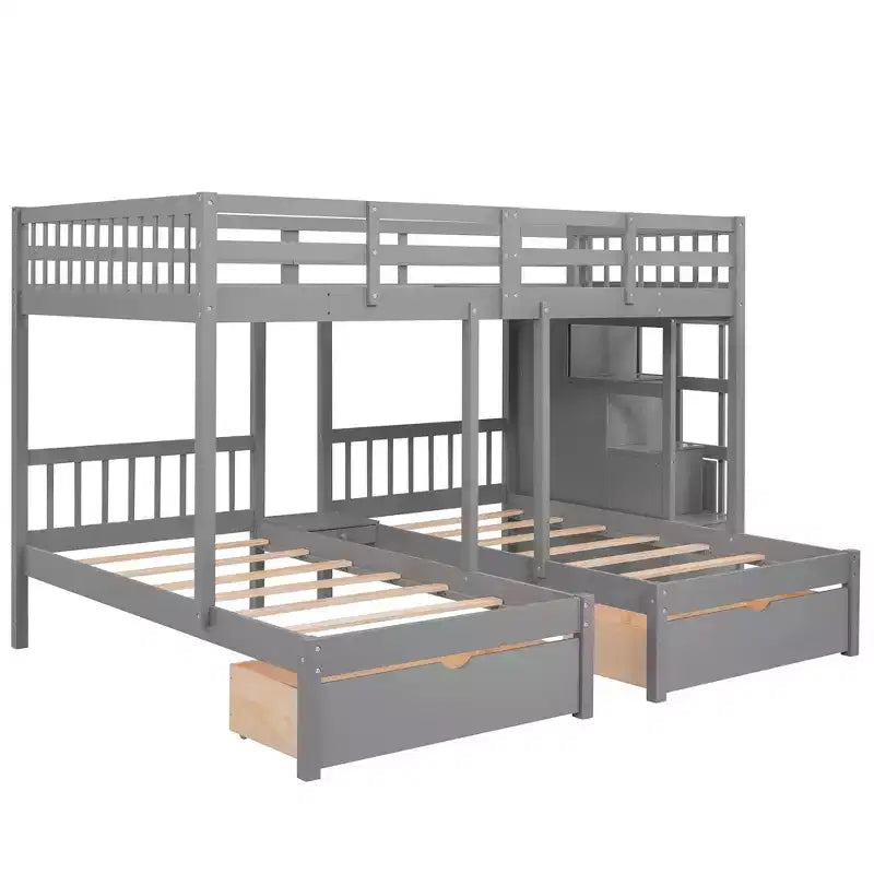 Whisen stapelbed met een twijfelaar boven een eenpersoonsbed en een extra eenpersoonsbed, houten driedubbel stapelbed met laden en valbeveiliging